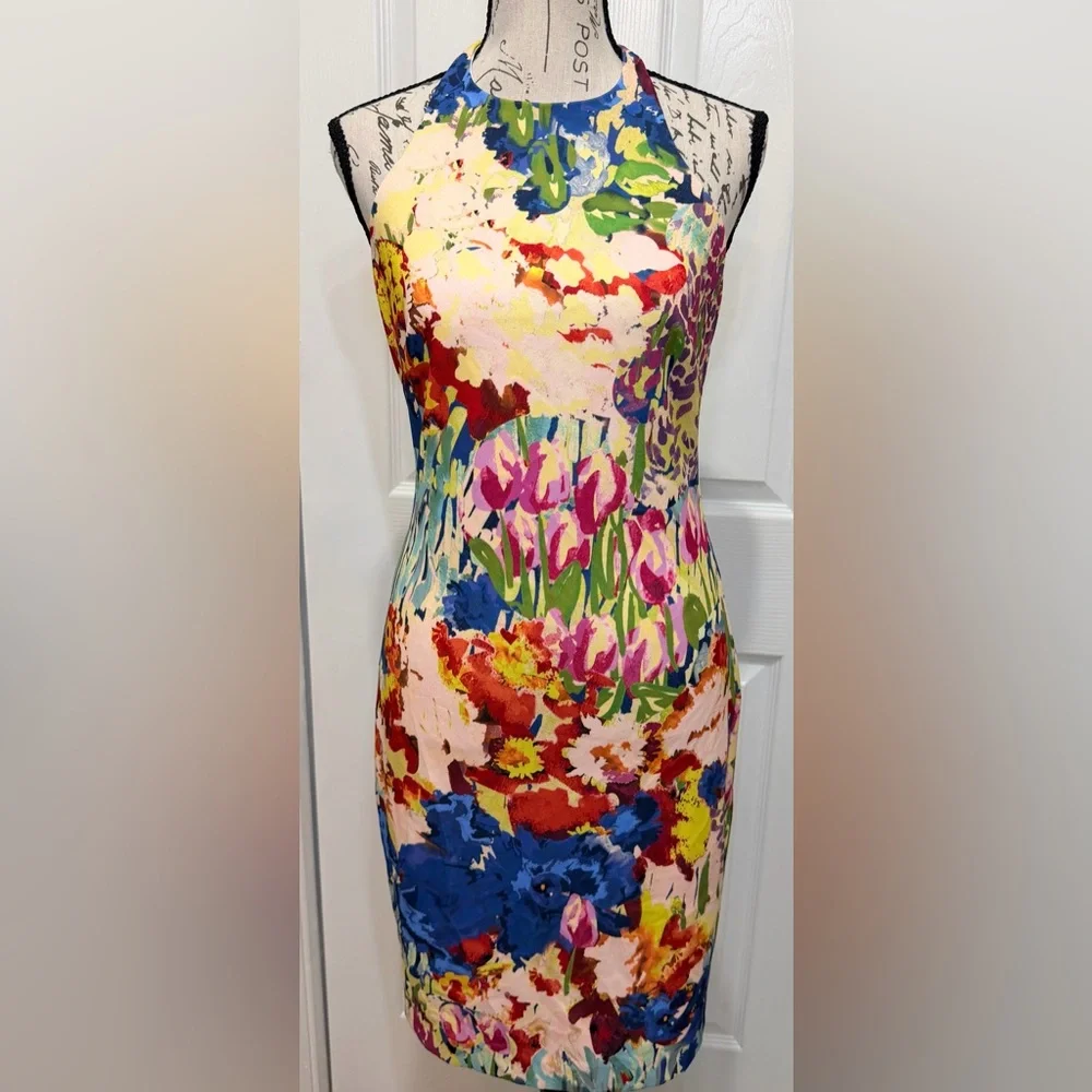 Badgley Mischka Floral Backless Sleeveless Dress Vacation Glam 🌸